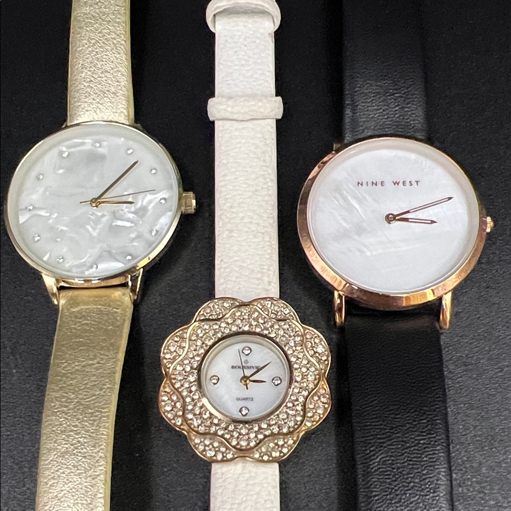 Lot of 3 Women's Fashion 9” Watches, Nine West, Mother-of-Pearl, Rhinestone